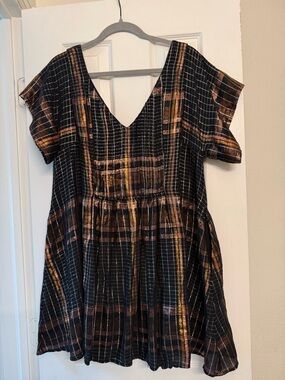 Free People Black Plaid V-Neck Short Sleeve Dress with Copper Accents NWOT